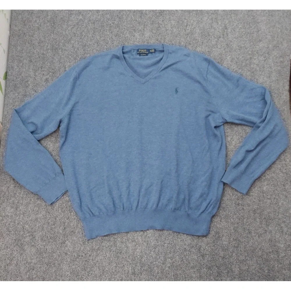 POLO RALPH LAUREN Pullover Sweater Mens 2XL Blue V Neck Pima Cotton Long Sleeve